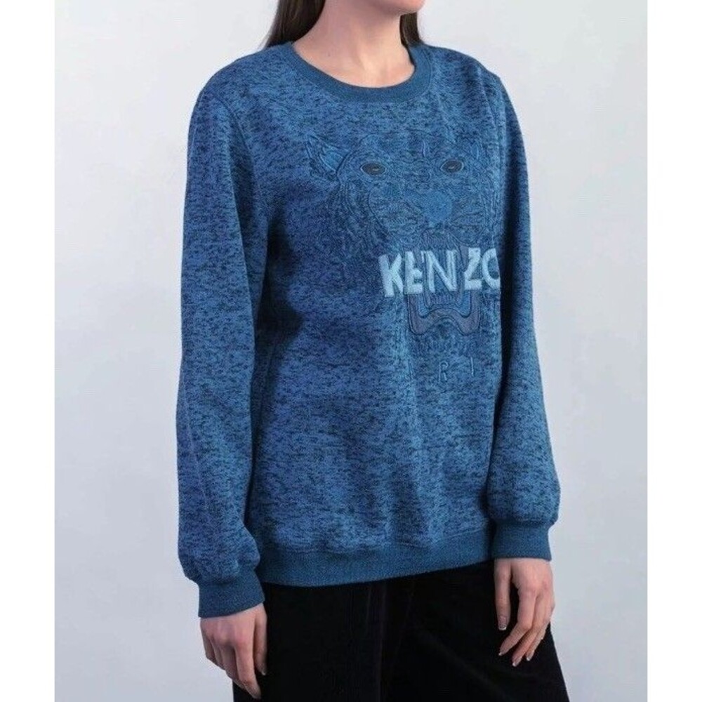 KENZO Paris Blue Tiger Embroidered Crewneck Sweatshirt Womens Small Speckled